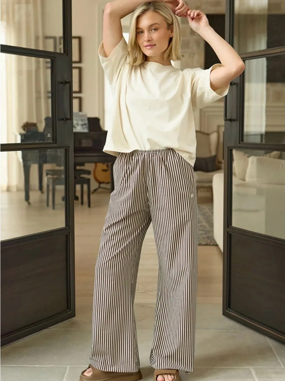 Albion Slip On Trouser, Cream Cocoa Stripe Size Small NWT